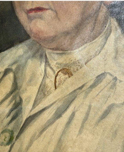 An original 1921 gouache and watercolour portrait painting of a woman in a cream blouse set against a muted green background. View X