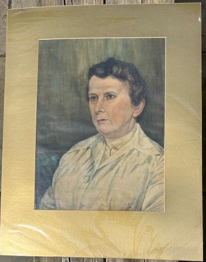An original 1921 gouache and watercolour portrait painting of a woman in a cream blouse set against a muted green background. View XII