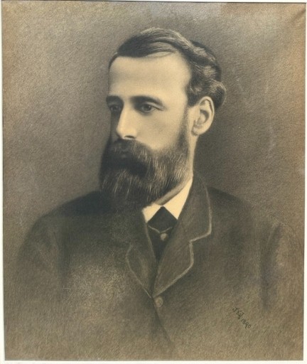 A framed late 19th-century charcoal portrait depicting a bearded gentleman in formal attire. View III