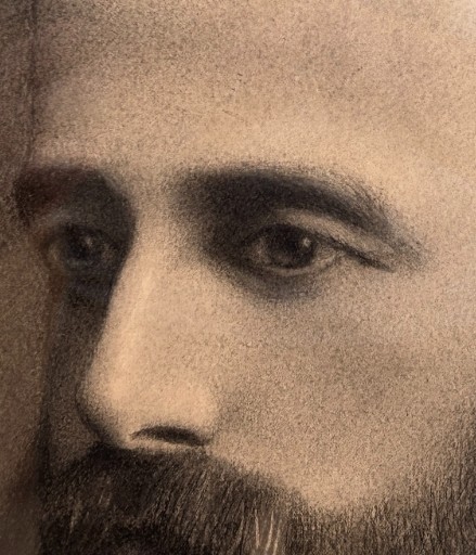 A framed late 19th-century charcoal portrait depicting a bearded gentleman in formal attire. View VI