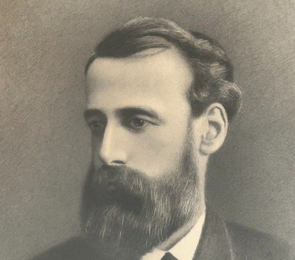 A framed late 19th-century charcoal portrait depicting a bearded gentleman in formal attire. View VIII