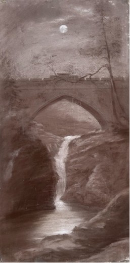A vertical sepia charcoal drawing depicting an arched stone bridge over a waterfall in a Scottish gorge under a full moon.