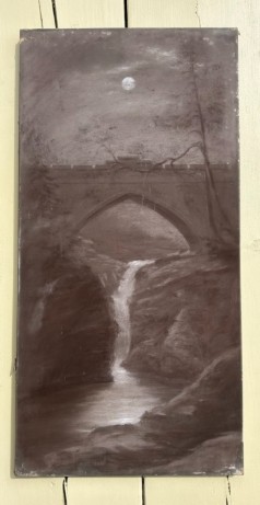 A vertical sepia charcoal drawing depicting an arched stone bridge over a waterfall in a Scottish gorge under a full moon. View II