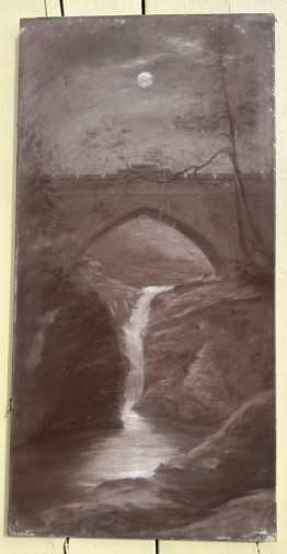 A vertical sepia charcoal drawing depicting an arched stone bridge over a waterfall in a Scottish gorge under a full moon. View III