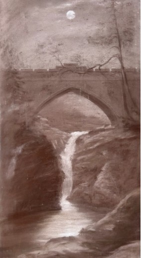 A vertical sepia charcoal drawing depicting an arched stone bridge over a waterfall in a Scottish gorge under a full moon. View IV