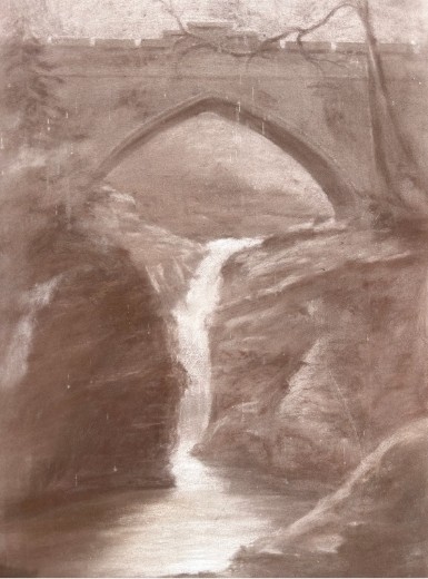 A vertical sepia charcoal drawing depicting an arched stone bridge over a waterfall in a Scottish gorge under a full moon. View V