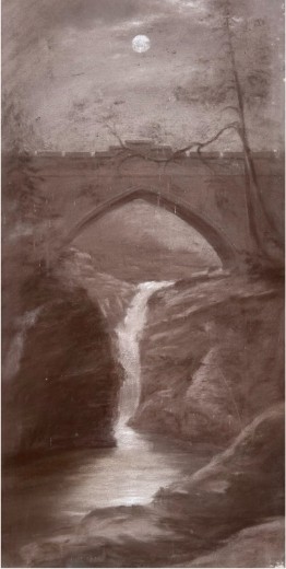A vertical sepia charcoal drawing depicting an arched stone bridge over a waterfall in a Scottish gorge under a full moon. View VI