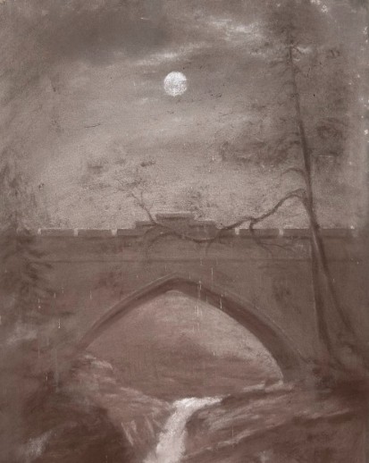 A vertical sepia charcoal drawing depicting an arched stone bridge over a waterfall in a Scottish gorge under a full moon. View X
