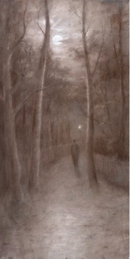 A vertical monochrome charcoal drawing on canvas depicting a solitary figure walking along a tree-lined path under a full moon.