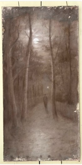 A vertical monochrome charcoal drawing on canvas depicting a solitary figure walking along a tree-lined path under a full moon. View II