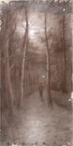 A vertical monochrome charcoal drawing on canvas depicting a solitary figure walking along a tree-lined path under a full moon. View IV