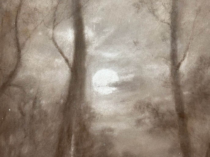 A vertical monochrome charcoal drawing on canvas depicting a solitary figure walking along a tree-lined path under a full moon. View V