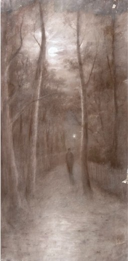 A vertical monochrome charcoal drawing on canvas depicting a solitary figure walking along a tree-lined path under a full moon. View VII
