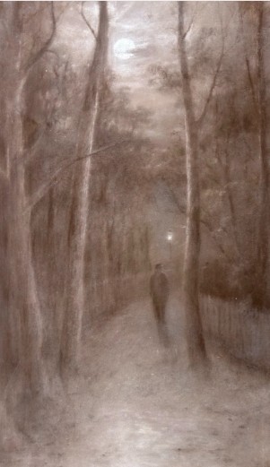 A vertical monochrome charcoal drawing on canvas depicting a solitary figure walking along a tree-lined path under a full moon. View VIII