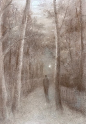 A vertical monochrome charcoal drawing on canvas depicting a solitary figure walking along a tree-lined path under a full moon. View IX