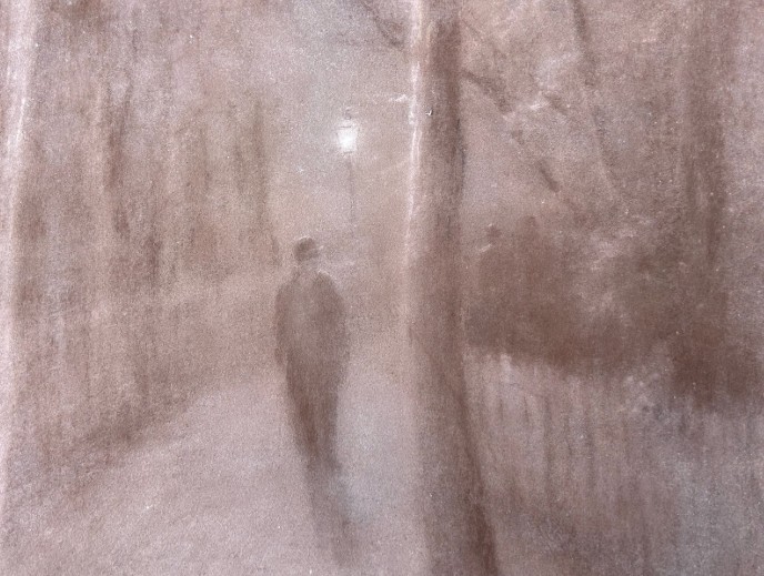 A vertical monochrome charcoal drawing on canvas depicting a solitary figure walking along a tree-lined path under a full moon. View XI