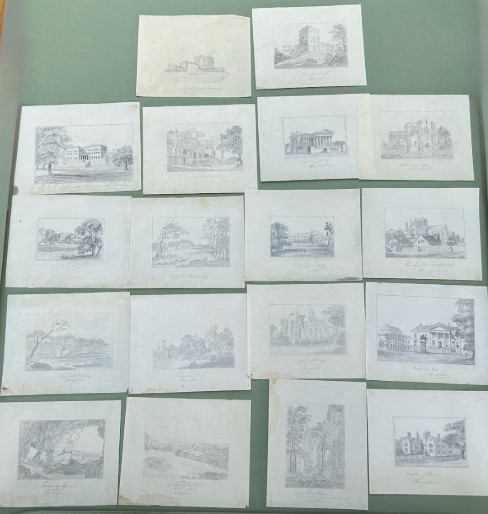 Eighteen antique early nineteenth-century monochrome graphite pencil drawings on paper, depicting architectural scenes, country estates, and church ruins.
