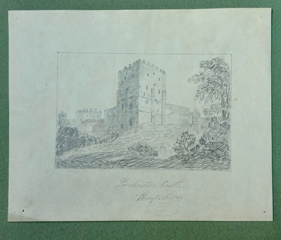 Eighteen antique early nineteenth-century monochrome graphite pencil drawings on paper, depicting architectural scenes, country estates, and church ruins. View II