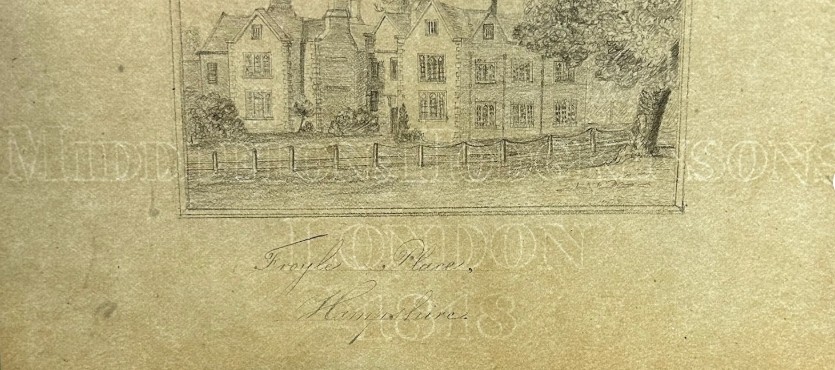 Eighteen antique early nineteenth-century monochrome graphite pencil drawings on paper, depicting architectural scenes, country estates, and church ruins. View III
