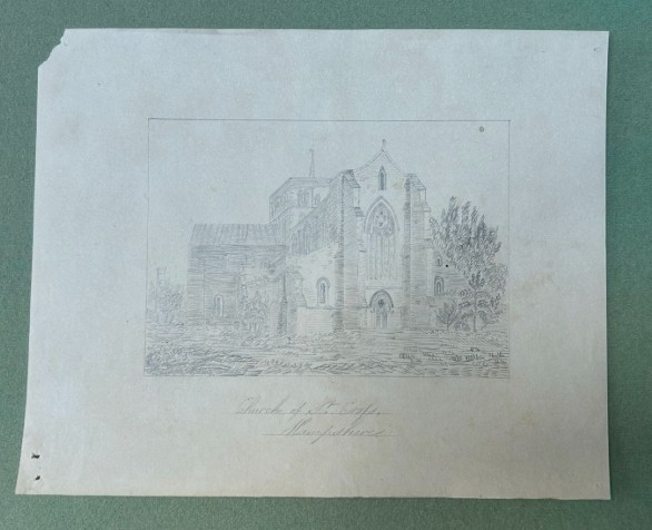Eighteen antique early nineteenth-century monochrome graphite pencil drawings on paper, depicting architectural scenes, country estates, and church ruins. View IV