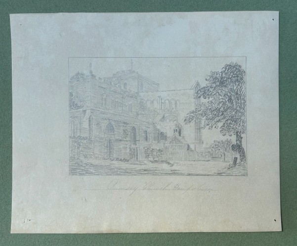 Eighteen antique early nineteenth-century monochrome graphite pencil drawings on paper, depicting architectural scenes, country estates, and church ruins. View V
