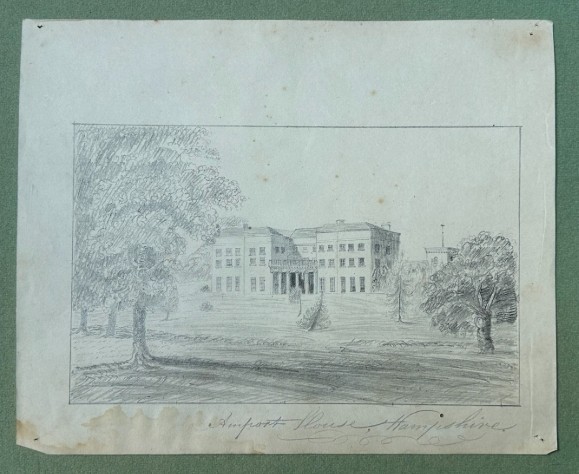 Eighteen antique early nineteenth-century monochrome graphite pencil drawings on paper, depicting architectural scenes, country estates, and church ruins. View VI