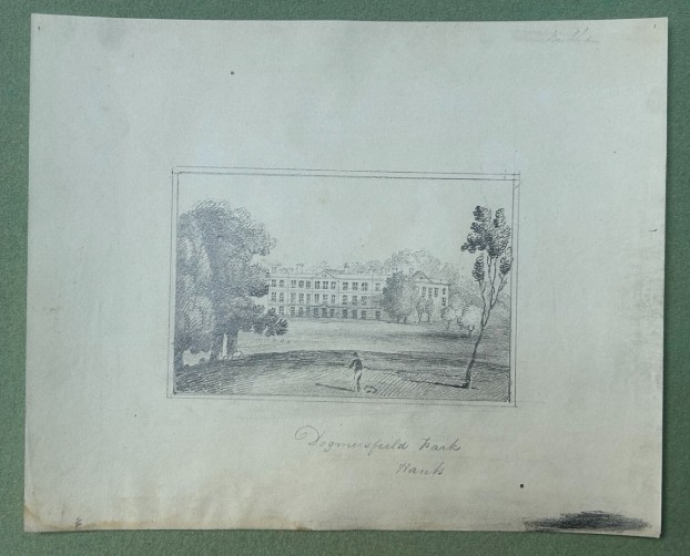 Eighteen antique early nineteenth-century monochrome graphite pencil drawings on paper, depicting architectural scenes, country estates, and church ruins. View VII
