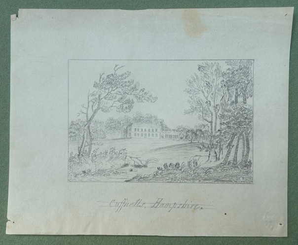 Eighteen antique early nineteenth-century monochrome graphite pencil drawings on paper, depicting architectural scenes, country estates, and church ruins. View VIII