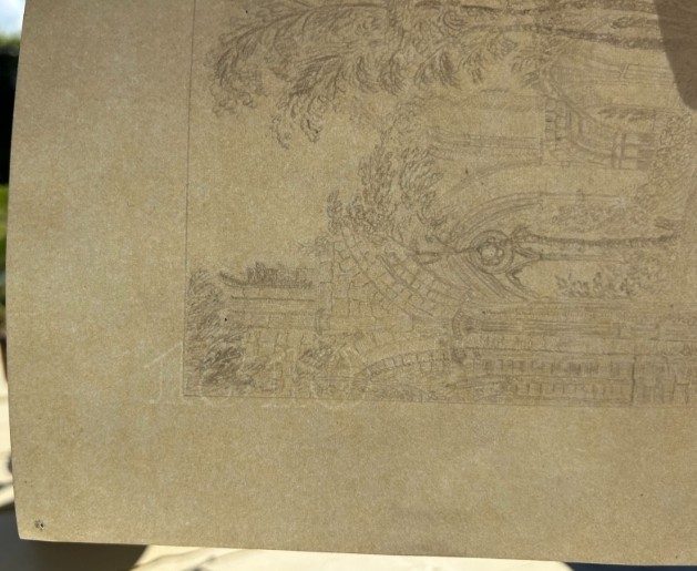 Eighteen antique early nineteenth-century monochrome graphite pencil drawings on paper, depicting architectural scenes, country estates, and church ruins. View IX