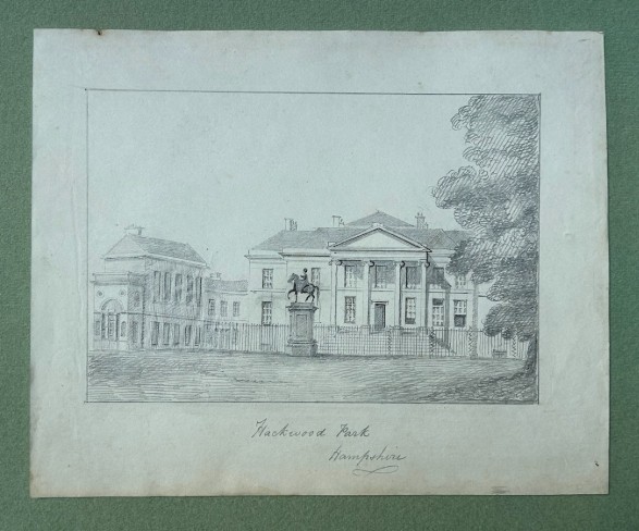 Eighteen antique early nineteenth-century monochrome graphite pencil drawings on paper, depicting architectural scenes, country estates, and church ruins. View X