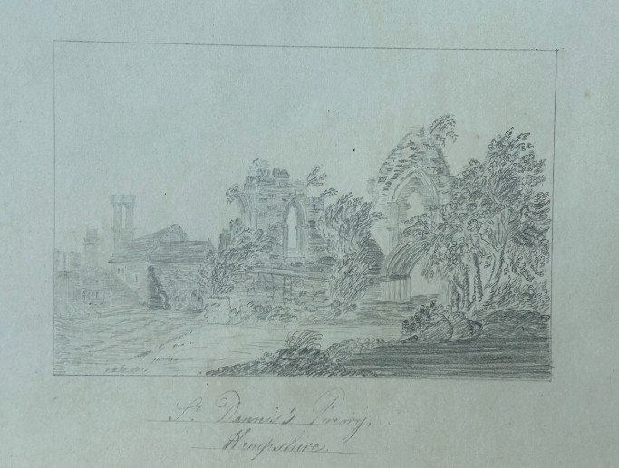 Eighteen antique early nineteenth-century monochrome graphite pencil drawings on paper, depicting architectural scenes, country estates, and church ruins. View XI