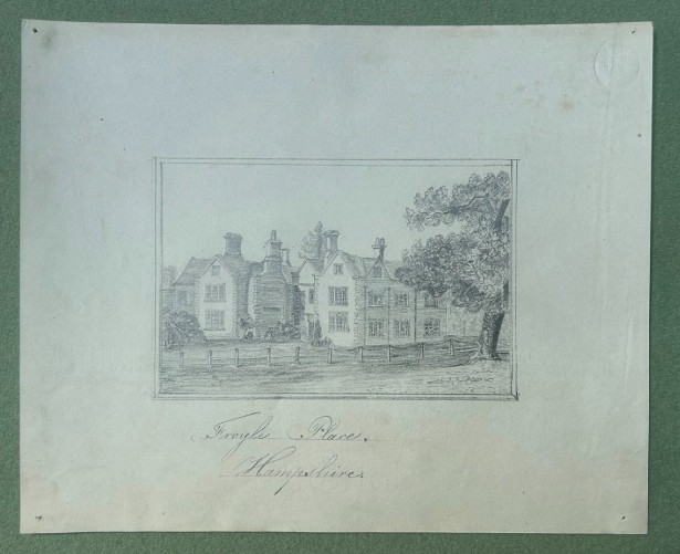 Eighteen antique early nineteenth-century monochrome graphite pencil drawings on paper, depicting architectural scenes, country estates, and church ruins. View XII