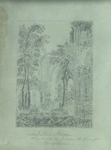Eighteen antique early nineteenth-century monochrome graphite pencil drawings on paper, depicting architectural scenes, country estates, and church ruins. View XIII