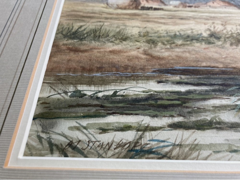 An early 20th-century original watercolour painting depicting a pastoral haymaking scene near Abingdon-on-Thames with large trees, distant fields, and a stream in the foreground. View VI