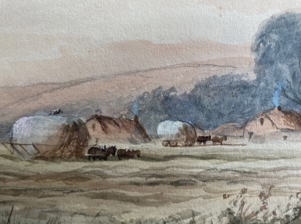 An early 20th-century original watercolour painting depicting a pastoral haymaking scene near Abingdon-on-Thames with large trees, distant fields, and a stream in the foreground. View VIII