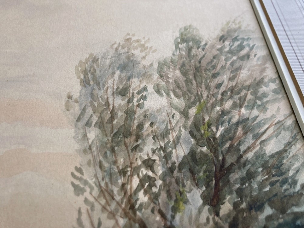An early 20th-century original watercolour painting depicting a pastoral haymaking scene near Abingdon-on-Thames with large trees, distant fields, and a stream in the foreground. View IX
