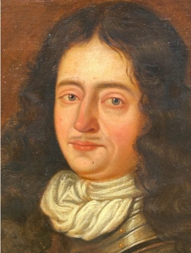 A seventeenth-century oil painting on canvas depicting a gentleman in dark plate armour, set within an oval spandrel inside a decorative giltwood frame. View VIII