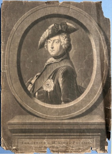 An 18th-century monochrome mezzotint print depicting a bust portrait of Frederick King of Prussia set within a stone oval frame. View II