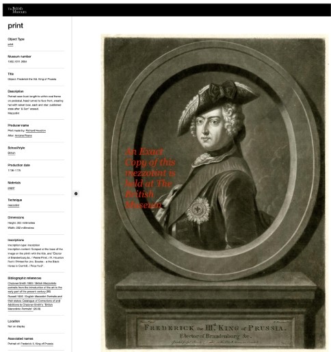 An 18th-century monochrome mezzotint print depicting a bust portrait of Frederick King of Prussia set within a stone oval frame. View IV