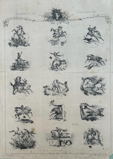 An antique French lithograph featuring multiple monochrome vignettes depicting horse riding mishaps on aged cream paper.