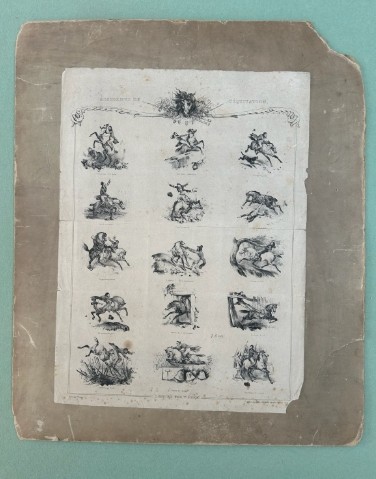 An antique French lithograph featuring multiple monochrome vignettes depicting horse riding mishaps on aged cream paper. View VI