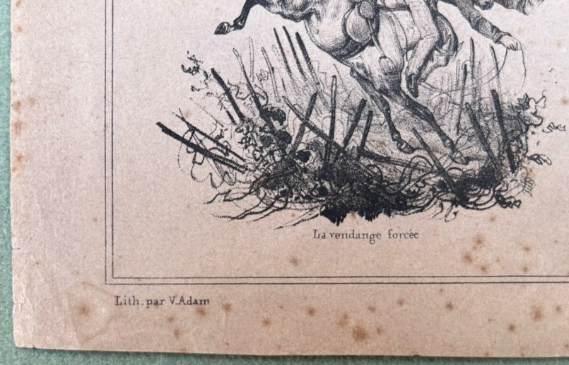 An antique French lithograph featuring multiple monochrome vignettes depicting horse riding mishaps on aged cream paper. View VII