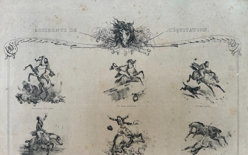 An antique French lithograph featuring multiple monochrome vignettes depicting horse riding mishaps on aged cream paper. View VIII