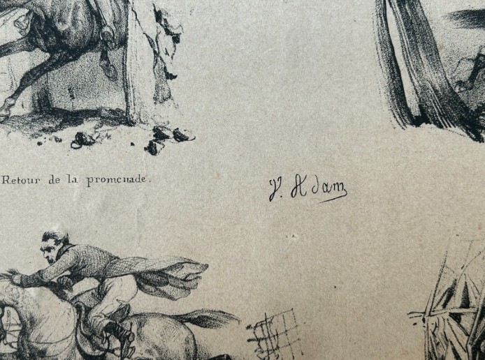 An antique French lithograph featuring multiple monochrome vignettes depicting horse riding mishaps on aged cream paper. View IX