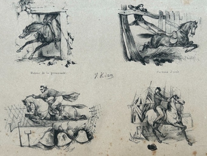 An antique French lithograph featuring multiple monochrome vignettes depicting horse riding mishaps on aged cream paper. View X