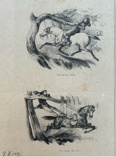 An antique French lithograph featuring multiple monochrome vignettes depicting horse riding mishaps on aged cream paper. View XI
