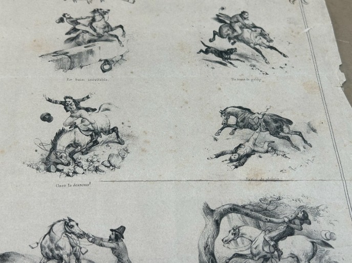 An antique French lithograph featuring multiple monochrome vignettes depicting horse riding mishaps on aged cream paper. View XII