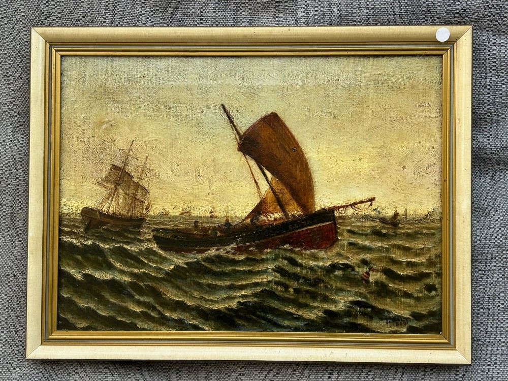 A late 19th-century oil painting on canvas portraying a fishing trawler with brown sails navigating choppy dark green sea waters, presented in a light coloured frame. View XIV