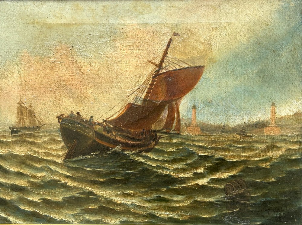 A 19th-century oil painting on canvas depicting a wooden fishing trawler with reddish-brown sails in dark green coastal waters near distant lighthouses. View XI