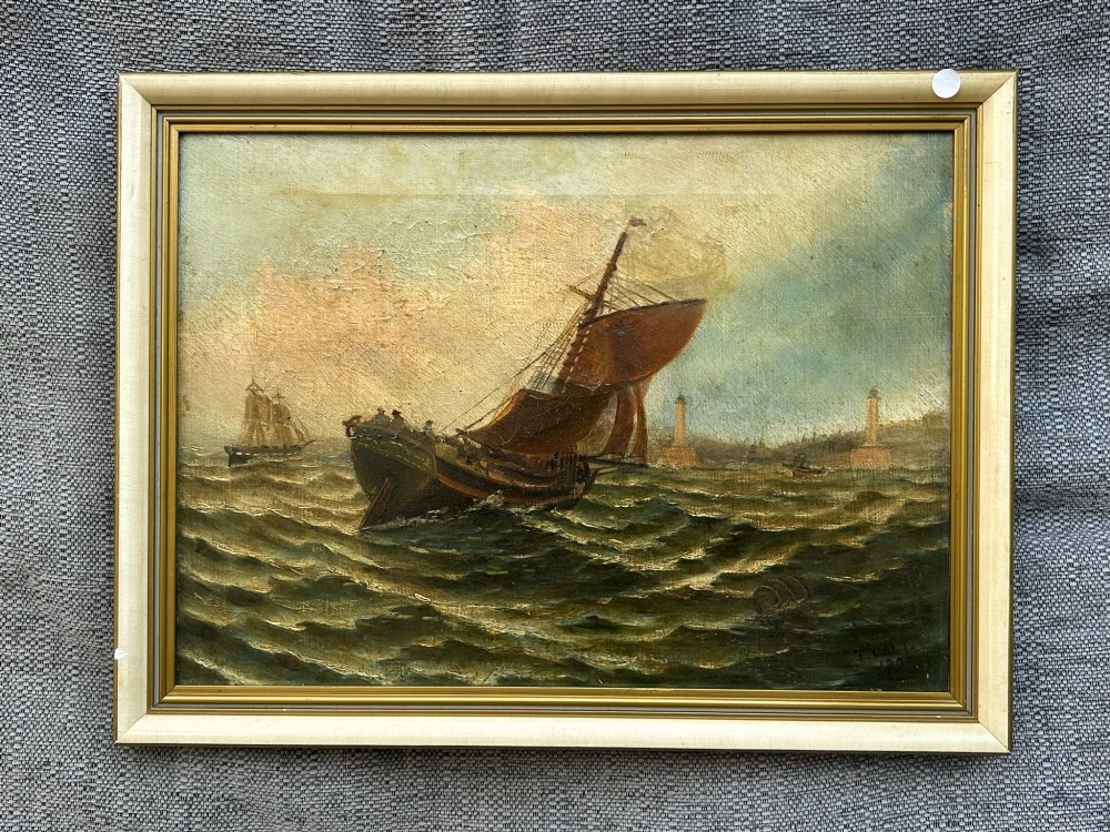 A 19th-century oil painting on canvas depicting a wooden fishing trawler with reddish-brown sails in dark green coastal waters near distant lighthouses. View XII